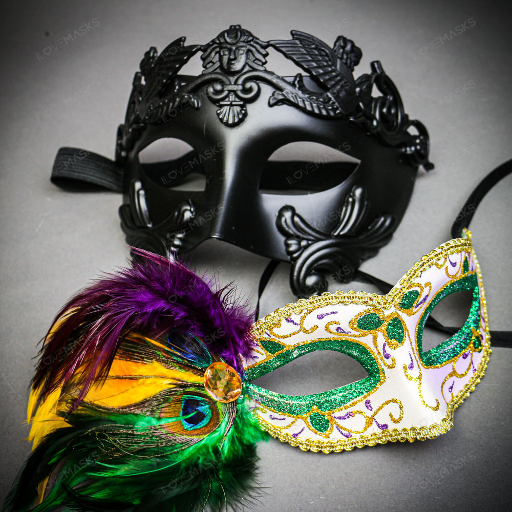 Venetian Black Ball Warrior Men & Women Feather Green Glitter Eye Couple Mask - Picture 1 of 6